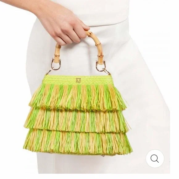 LAST ERIC JAVITS LIL’ MAMBO STRAW BAG IN CHARTREUSE WITH XBODY STRAP - Picture 2 of 8